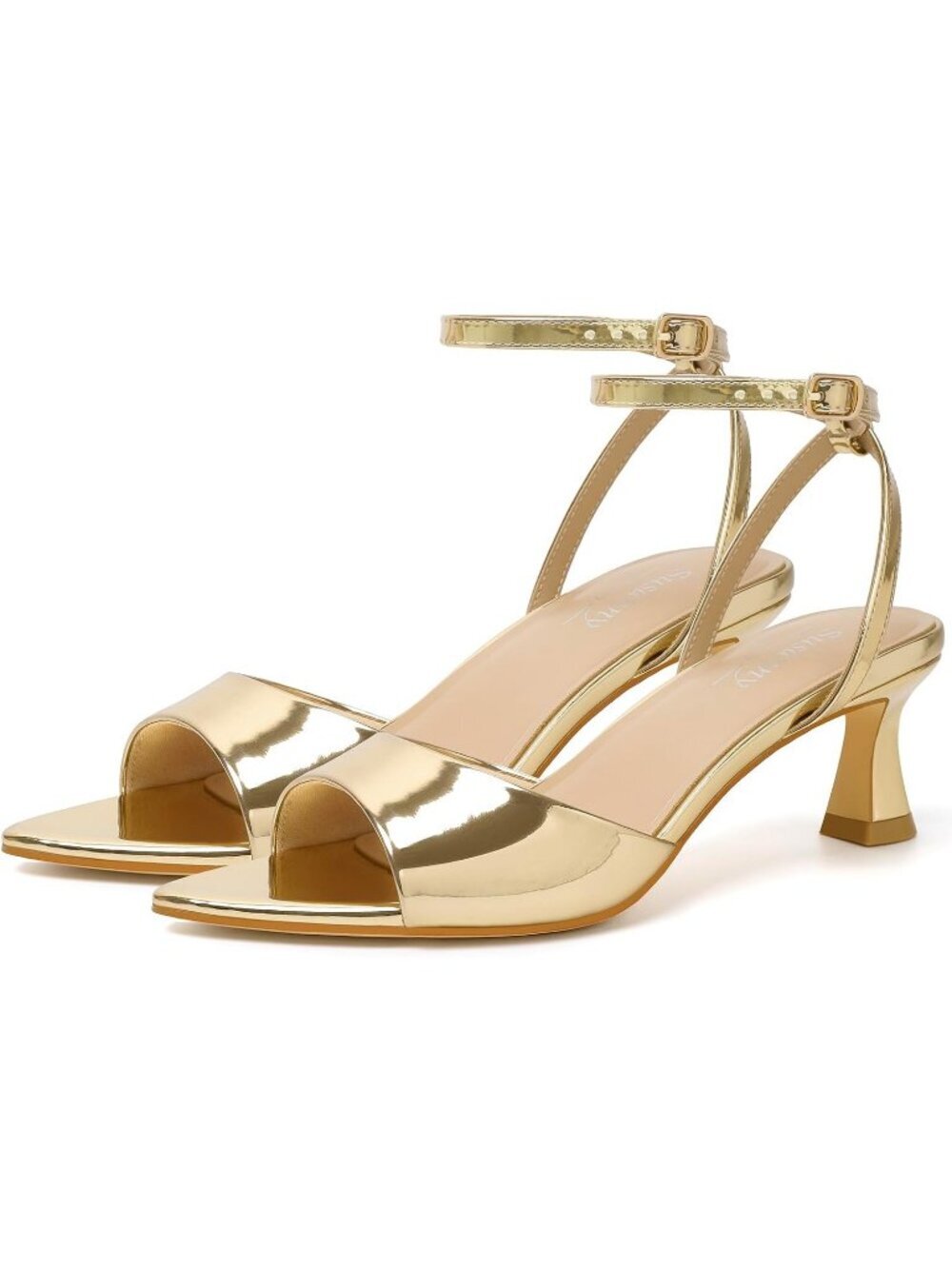 Women's Gold Patent Pointed Open Toe Strappy Chunky Sexy Block High Heels Shoes